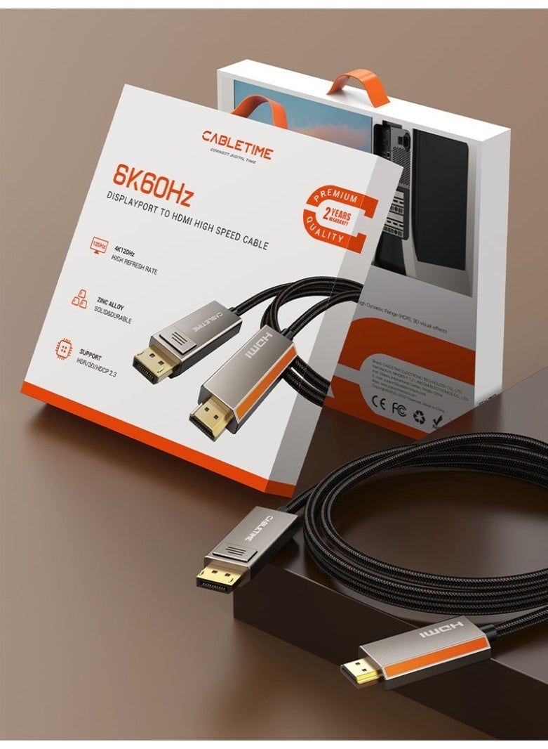 كابل تايم كابل DisplayPort أحادي الاتجاه من 1.4 إلى HDMI 2.1، يدعم دقة 8K بمعدل 60 هرتز، ودقة 4K بمعدل 120 هرتز، بسرعة نقل بيانات عالية تصل إلى 48 جيجابت في الثانية، يدعم تقنية HDR، وHDCP 2.3، وDSC 1.2، متوافق مع أجهزة الكمبيوتر الشخصية، وأجهزة الكمبيوتر المحمولة، وشاشات الألعاب، وأجهزة التلفزيون، وأجهزة العرض. - Image 2